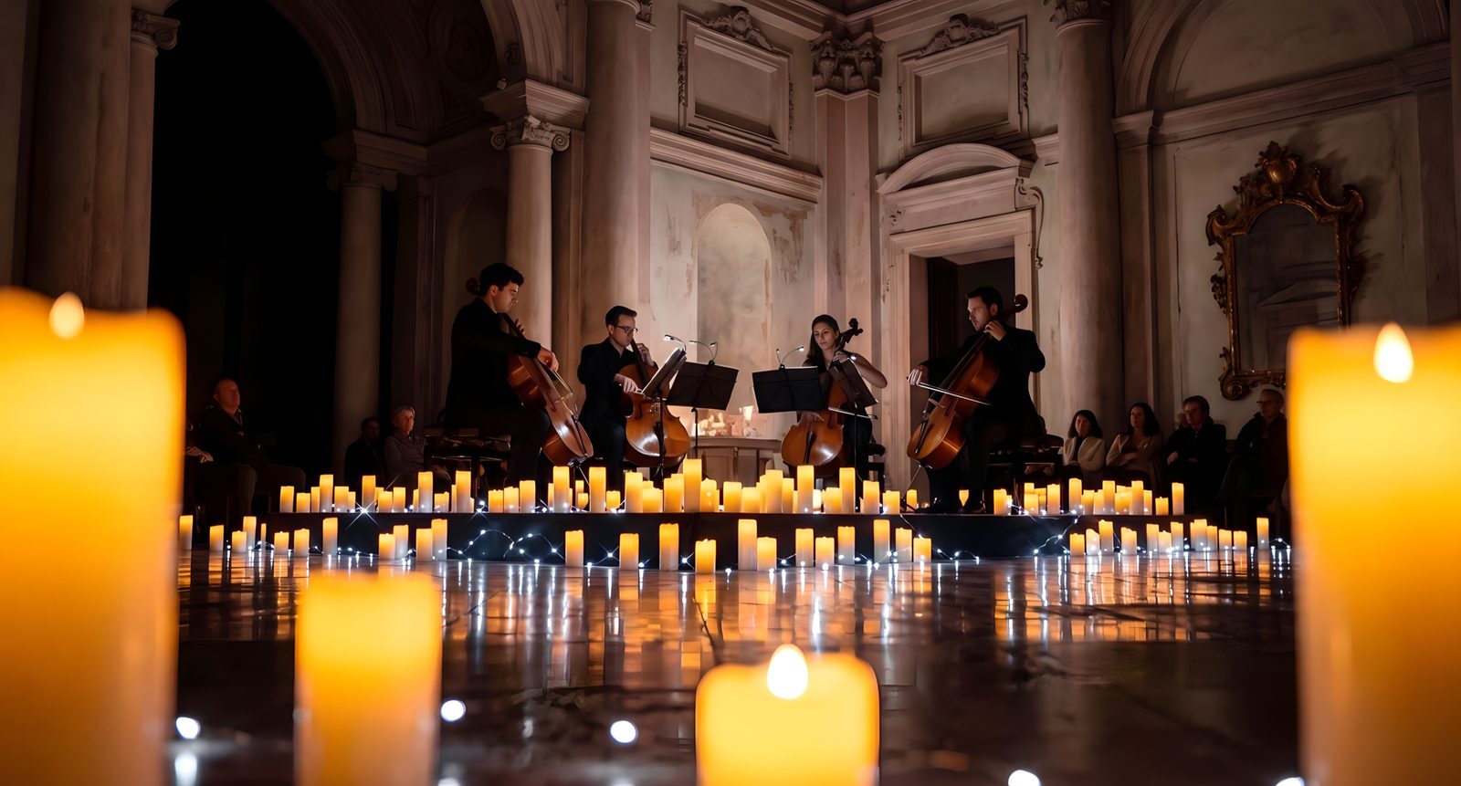 Ensemble d'interprètes à la bougie dans une salle baroque